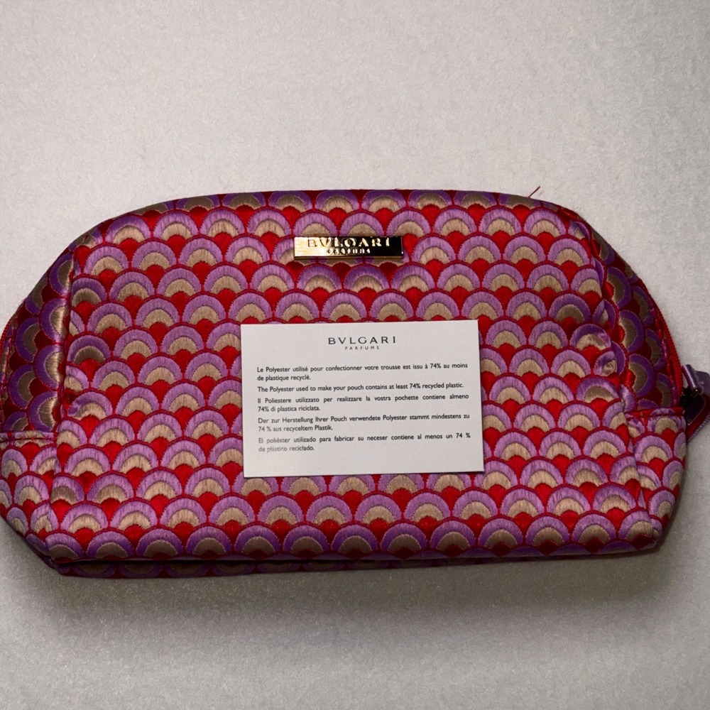 Bvlgari Parfums Cosmetic Makeup Bag Red Purple Embroidered Zip Travel Pouch - Picture 4 of 5